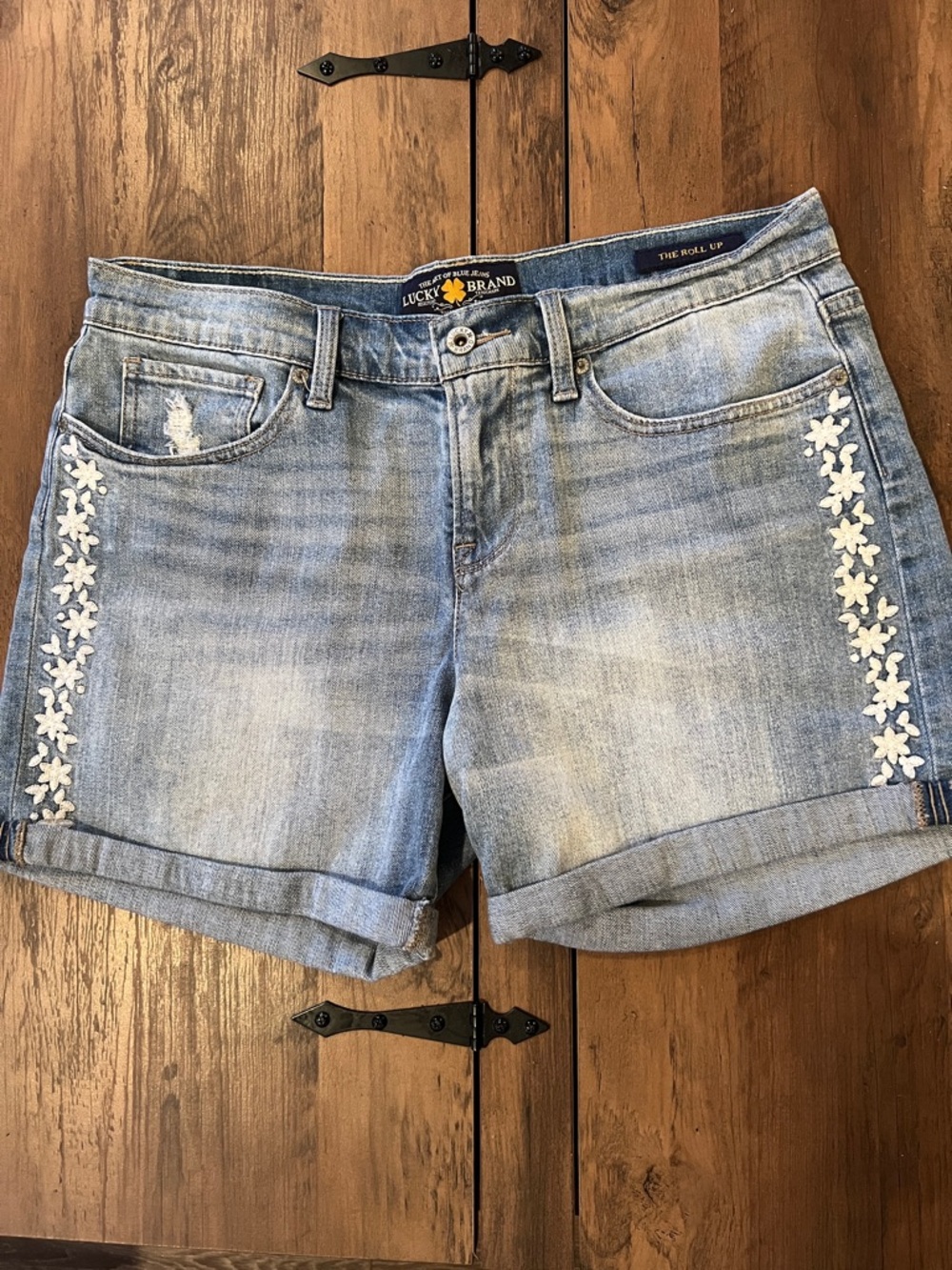 Lucky Brand Light Blue Denim Shorts with White Floral Embroidered Trim